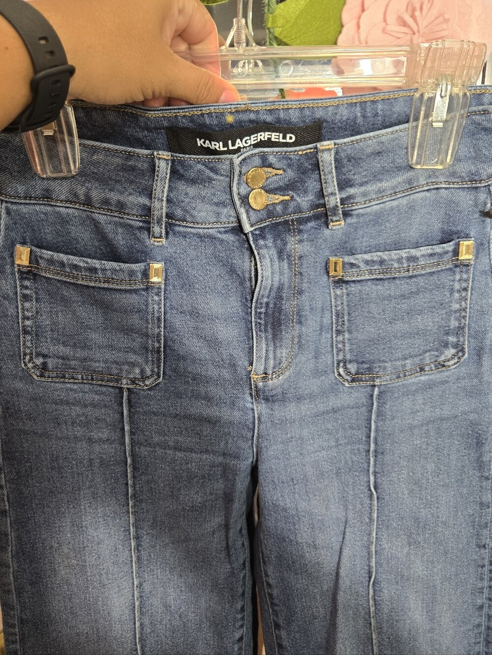 Karl Lagerfeld Women's Wide Leg Jeans Cropped With Logo On Hem Sz 0 - Picture 4 of 12